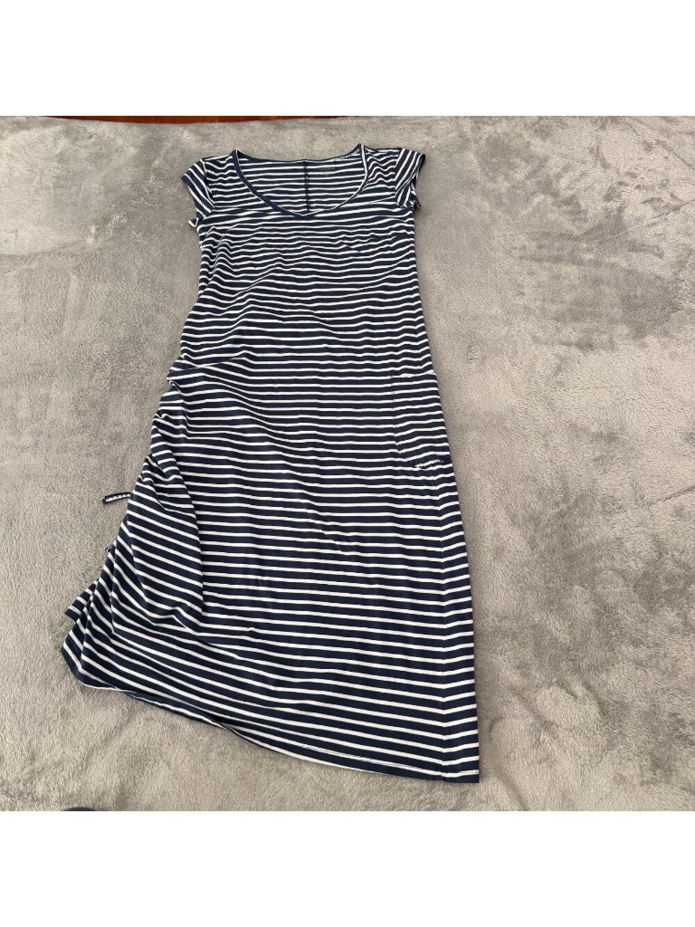 Toad & Co Muse Midi Dress Cinch Navy White Stripe XS Outdoor Athleisure